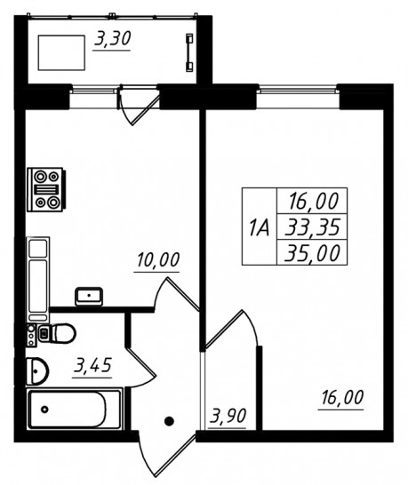 Однокомнатная квартира 35 м²