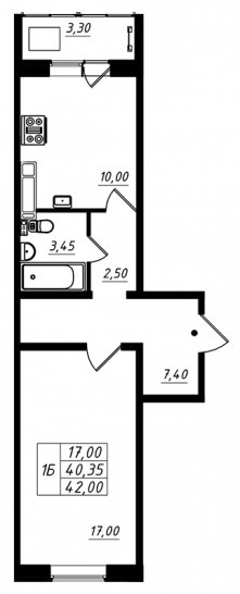 Однокомнатная квартира 42 м²