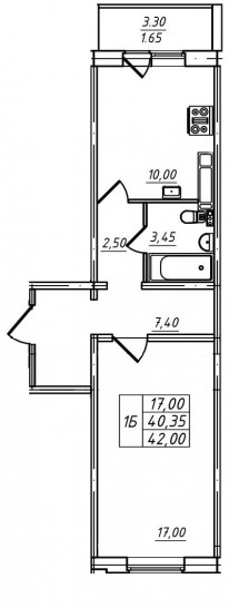 Однокомнатная квартира 42 м²