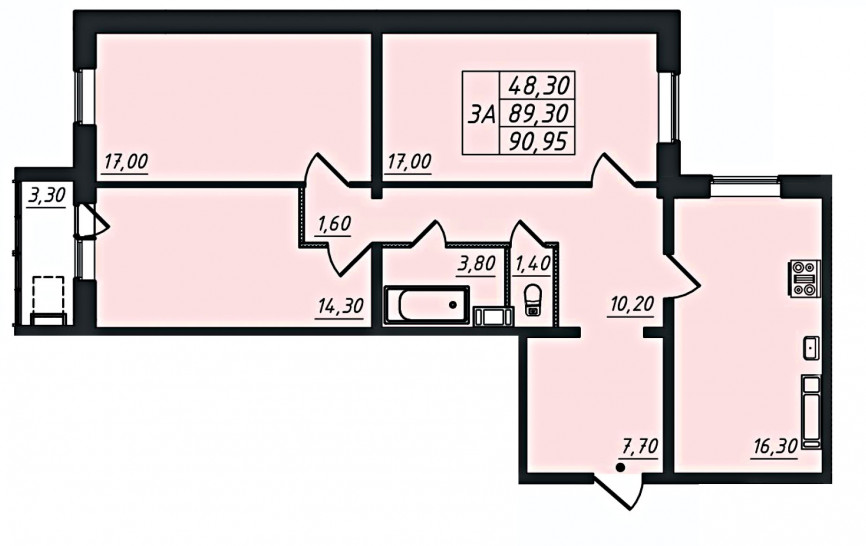 Трёхкомнатная квартира 90.95 м²