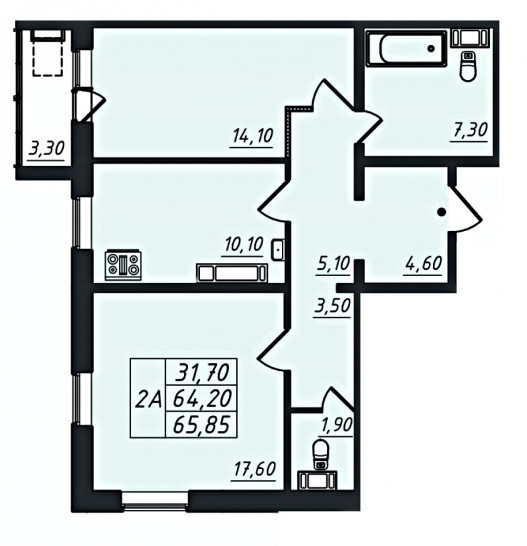 Двухкомнатная квартира 65.85 м²