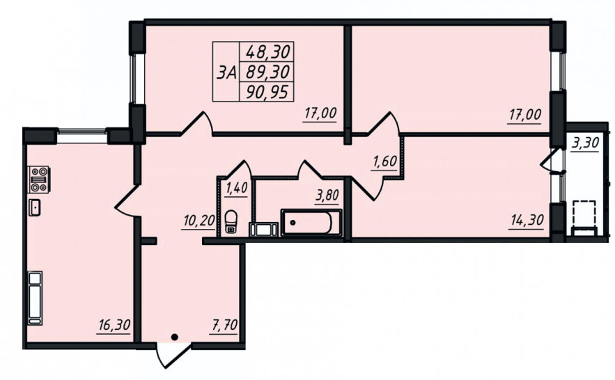 Трёхкомнатная квартира 90.95 м²