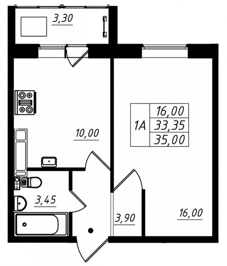Однокомнатная квартира 35 м²