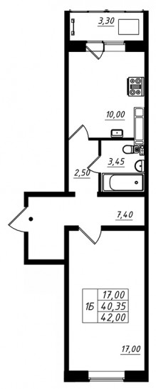 Однокомнатная квартира 42 м²
