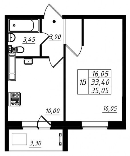 Однокомнатная квартира 35.05 м²