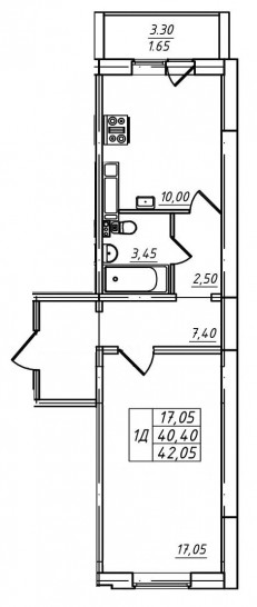Однокомнатная квартира 42.05 м²