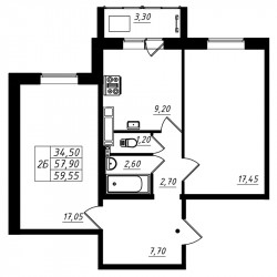Двухкомнатная квартира 59.55 м²