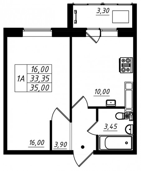 Однокомнатная квартира 35 м²
