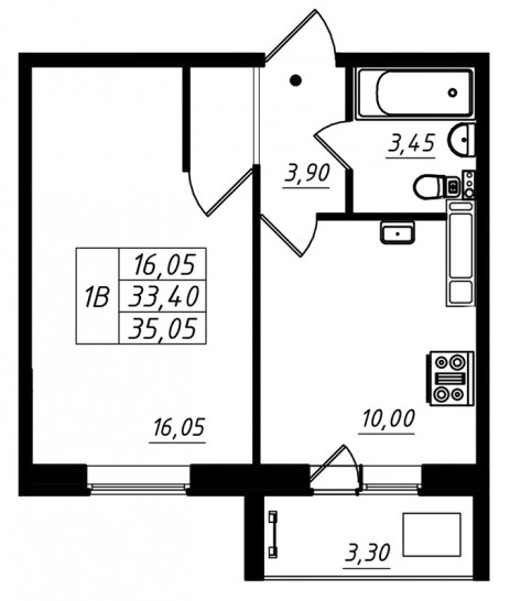 Однокомнатная квартира 35.05 м²
