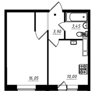 Однокомнатная квартира 35.05 м²