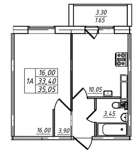 Однокомнатная квартира 35.05 м²