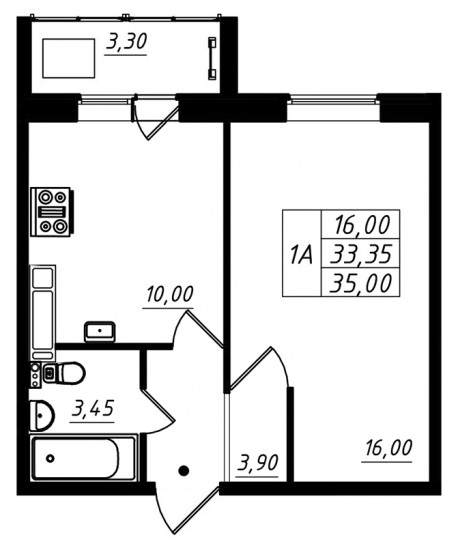 Однокомнатная квартира 35 м²