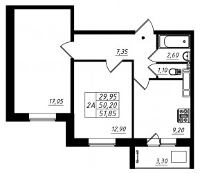 Двухкомнатная квартира 51.85 м²