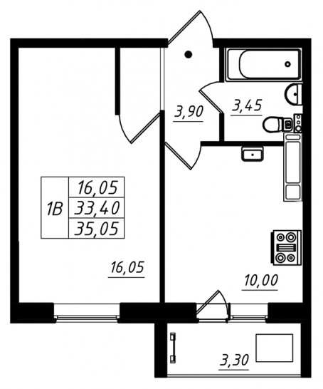 Однокомнатная квартира 35.05 м²
