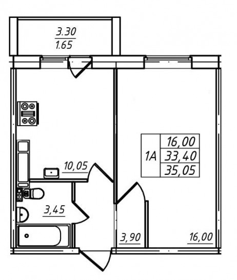 Однокомнатная квартира 35.05 м²
