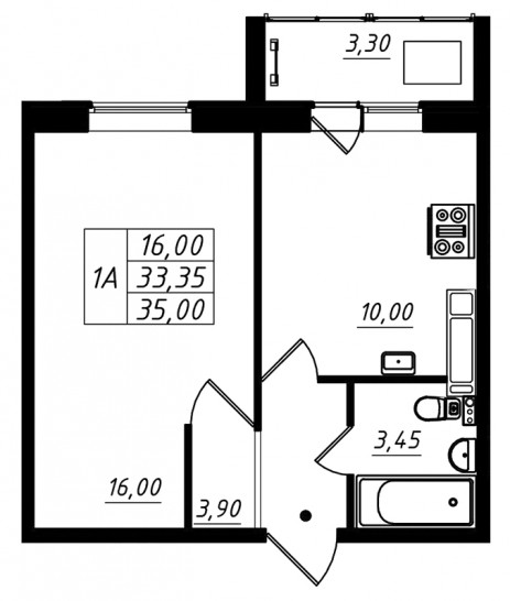 Однокомнатная квартира 35 м²