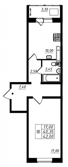 Однокомнатная квартира 42 м²